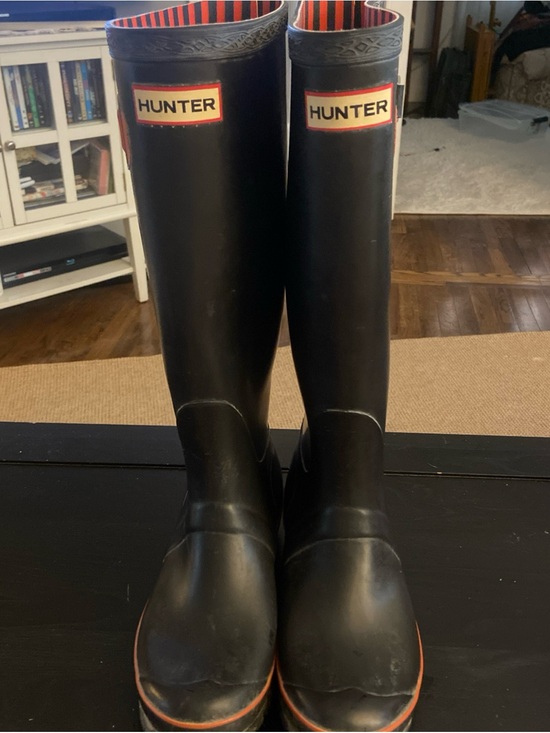 Hunter Shoes - Hunter Black Tall Rubber Rain Boots with Red-Trim Logo festival size 8